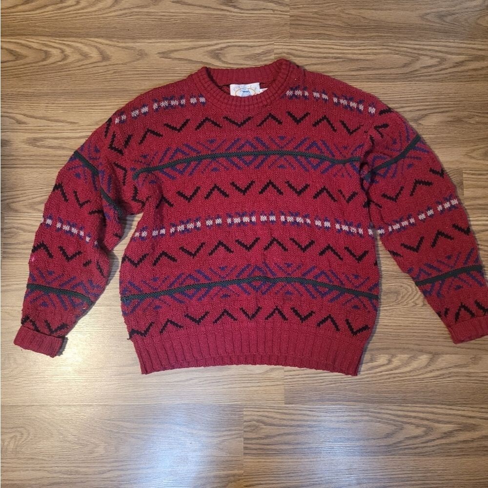 Red and Black Crewneck Sweater with Geometric Patterns